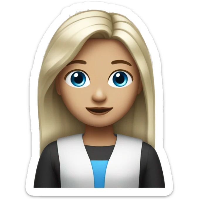 Girl whit light straight hair, blue eyes and judge face sticker