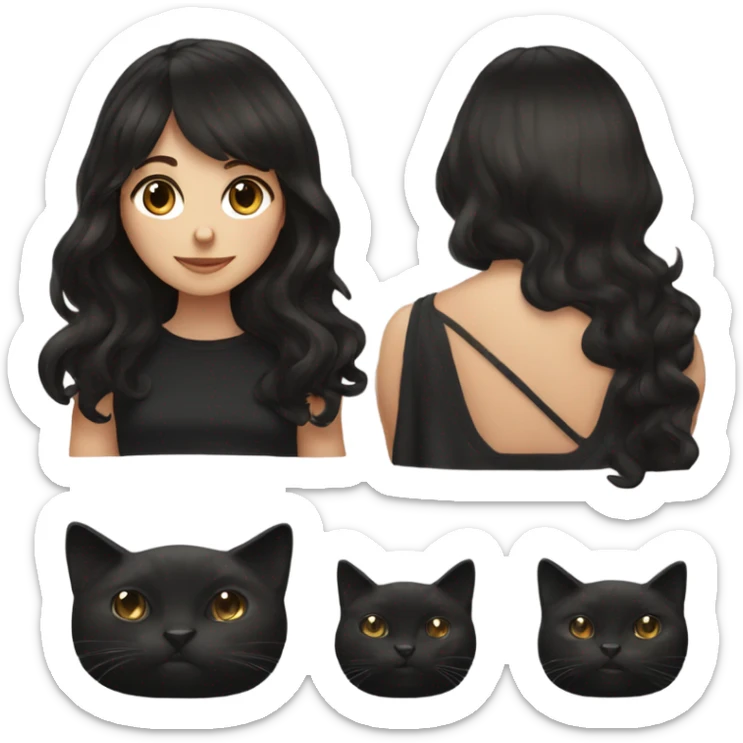 brunette girl with wavy long hair and bangs wearing all black holding black cat  sticker