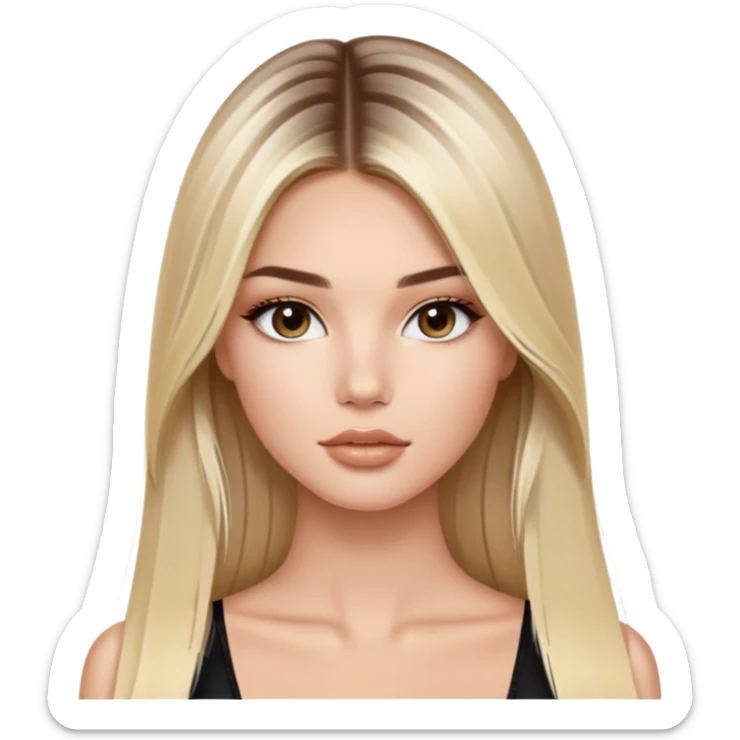 victoria’s secret model with long light blonde straight balayage hair, dark brown almond and small eyes, oval face, small lips sticker