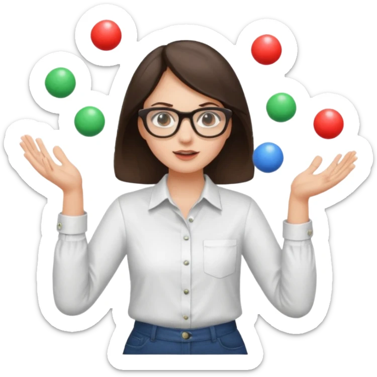 a brunette girl in a shirt and glasses  juggling  with two hands  sticker