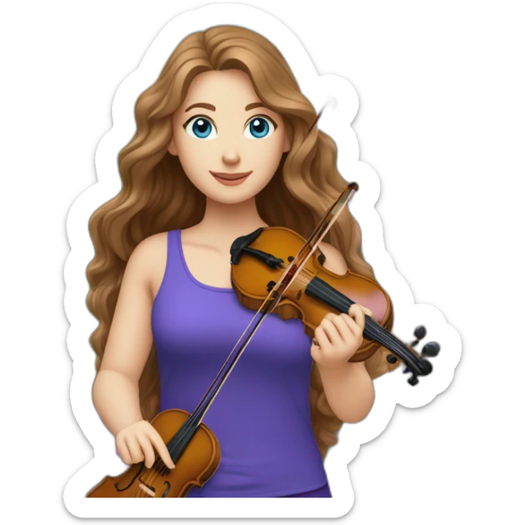 White female long brown wavy hair vivid blue eyes purple shirt holding a violin standing in a garden with laptop sticker