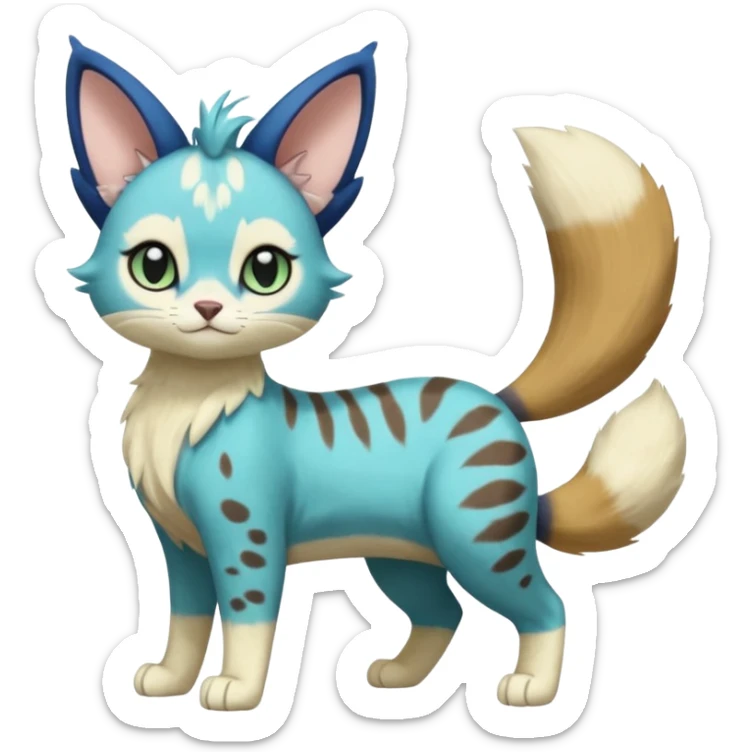 Cobalt-Blue green turquoise black white Purloin-Meowth-Meowstic-Minccino-Cinccino-serval-furret-Noibat-caracal-fusion-hybrid-creature (full body) sticker