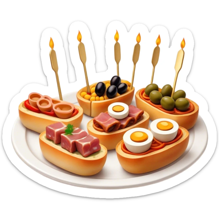 Tapas (4 Pintxos) Cinematic Realistic Tapas Dish Emoji, depicted as an assortment of 4 pintxos elegantly arranged on a plate, rendered with lifelike textures and vibrant, inviting lighting. sticker