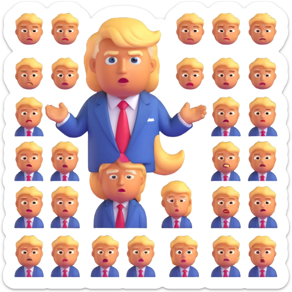 Donald Trump as a 3D emoji, exaggerated features, orange skin, blond hair, blue suit, red tie, no text sticker