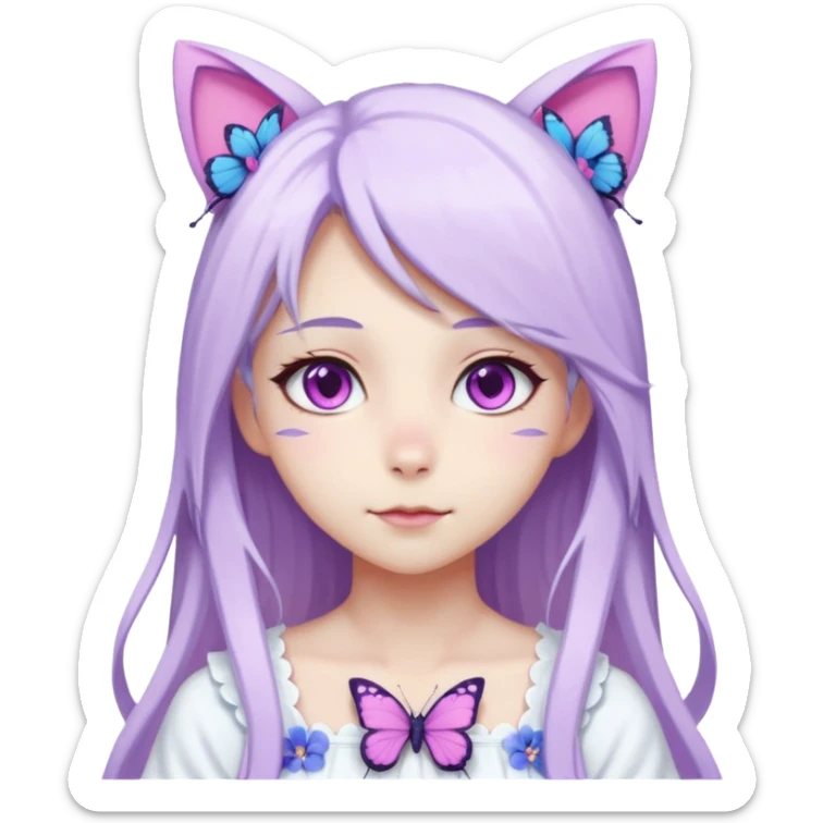 female anime character with pink eyes long white hair and periwinkle highlights and cat ears on her head. She is wearing a white dress with purple flowers and butterfly. sticker
