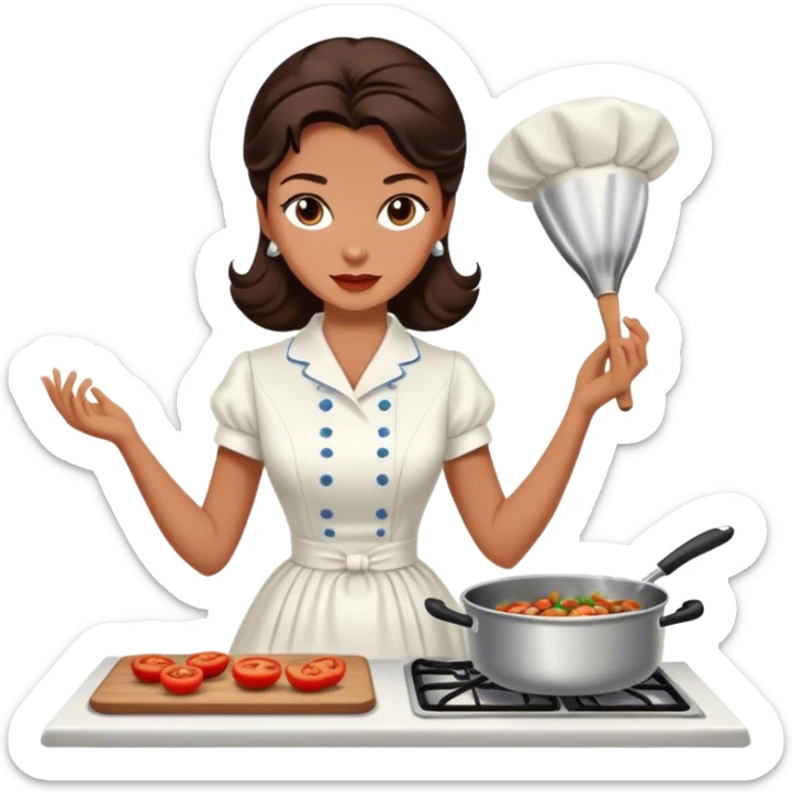 Beautiful woman in 1950’s woman fashion look, white dress, long dark brown hair, cooking sticker