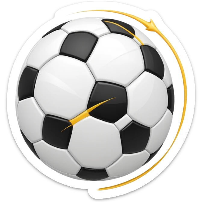 Apple-style emoji of a soccer ball with curve effect, flying with curved wind trails showing spin, glossy 3D look, clean minimal design, soft lighting, transparent background. sticker