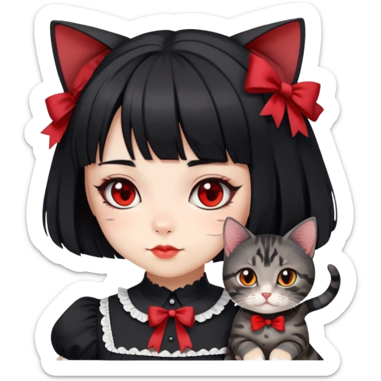 girl wearing black Lolita style dress, with medium-length black hair with red tips, and a black American Shorthair tabby cat sticker