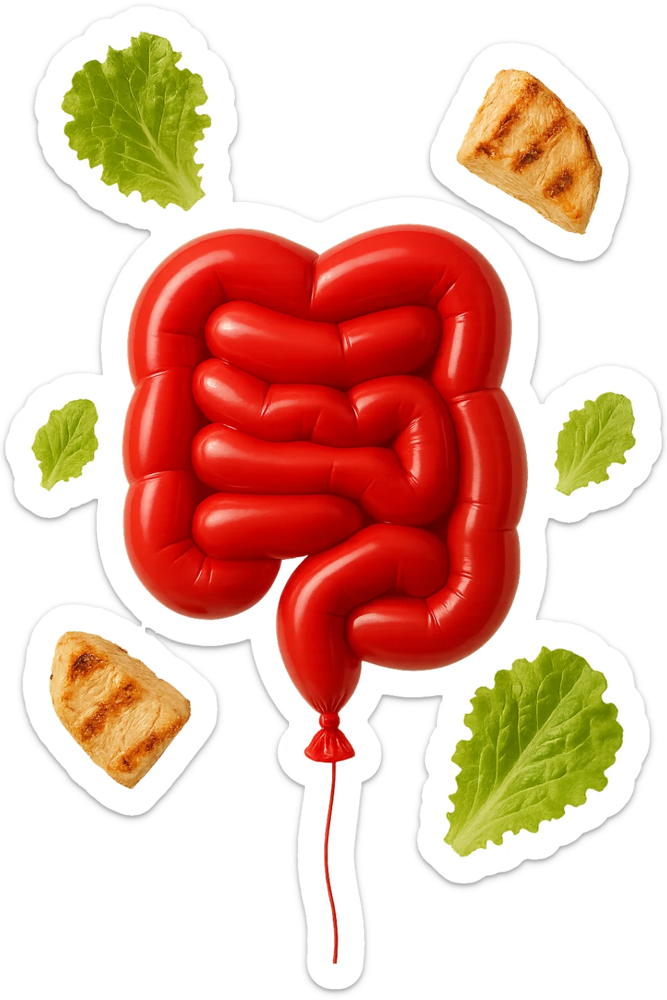 intestino chiuso in un palloncino rosso e foglie di insalata e petto di pollo grigliato che fluttuano intorno sticker