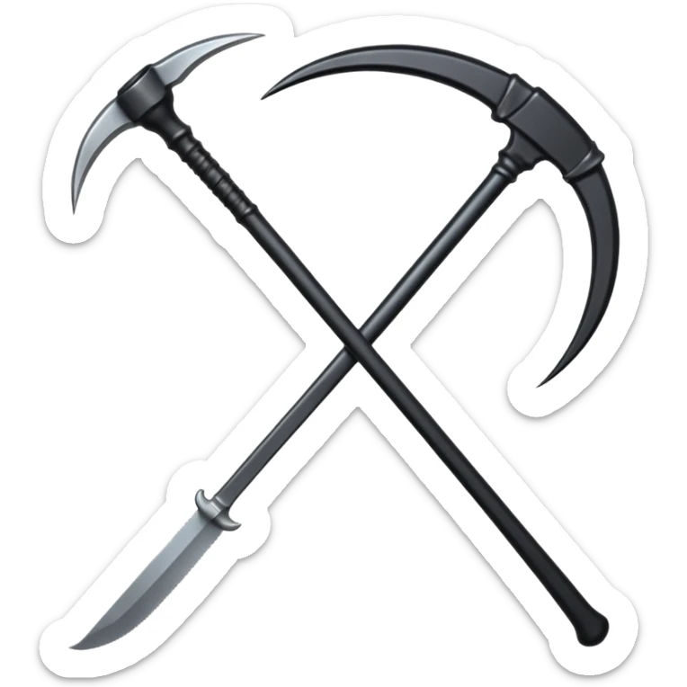 The scythe of the God of Death, a symbol of death, is long and straight, entirely in deep black. sticker