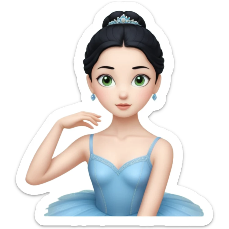Cinematic Realistic ballerina Medium Blue Portrait, depicted with lifelike skin texture, subtle rosy undertones, and soft natural lighting that enhances the gentle contours of her face. Her intricately detailed sweet black hair is elegantly styled, green eyes sticker