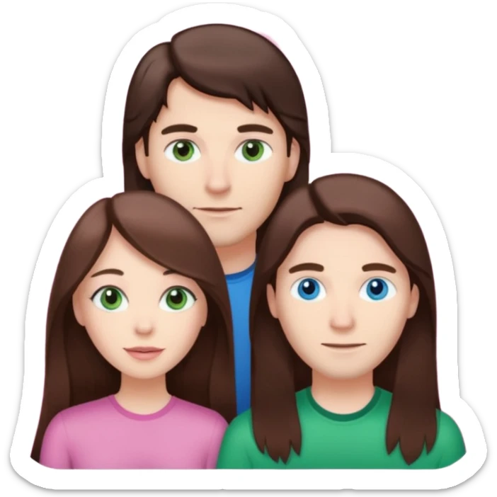 pink polaroid photo of a couple thats white with long brunette hair blue eyes and a white guy with brunette hair and green eyes sticker