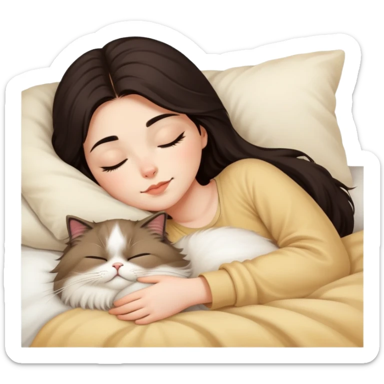 pretty girl with dark long hair sleeping with blonde fluffy  persian cat in bed sticker