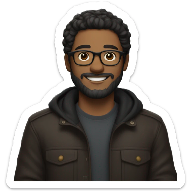 a man with black wavy hair, glasses, a trimmed beard, light brown skin, and a warm smile, wearing a dark outfit with a friendly vibe. sticker