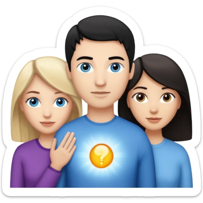 Blond woman with blue eyes on left. And a Man with black hair and grey eyecolor in the middle. And a blank woman with brown hair and grey eyes on the right. Holding each other  sticker