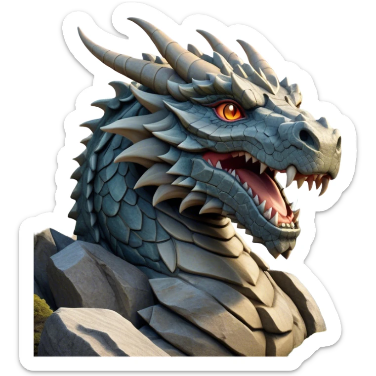 Cinematic Noble Giant Rock Dragon Portrait Emoji, Poised and awe-inspiring, with a massive, rugged form carved from ancient stone, featuring intricately textured scales that resemble weathered granite and basalt, and piercing, stony eyes echoing the strength of timeless mountains; rendered with lifelike detail and earthy natural highlights, high shine, formidable and grounded, styled with an aura of primordial majesty, focused and resolute, soft glowing outline, capturing the essence of an enduring rock titan ready to surge from the screen with ageless power! sticker