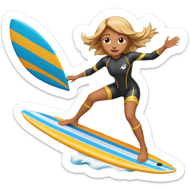 High-resolution detailed emoji of a wingfoil surfer girl, vibrant and expressive style. She is riding a hydrofoil board above ocean waves, holding an inflated wing sail overhead.  sticker