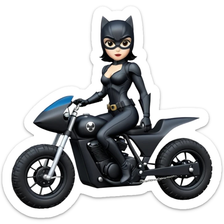 Rc toy sexy fenders on Catwoman’s buxom attractive armored midnight-colored tight outfit from tv series style dark knight movie stealthy accurate sporty safe deluxe off-road fast pursuit prototype concept car (black hair, sitting driving aggressively) rally vehicle  sticker