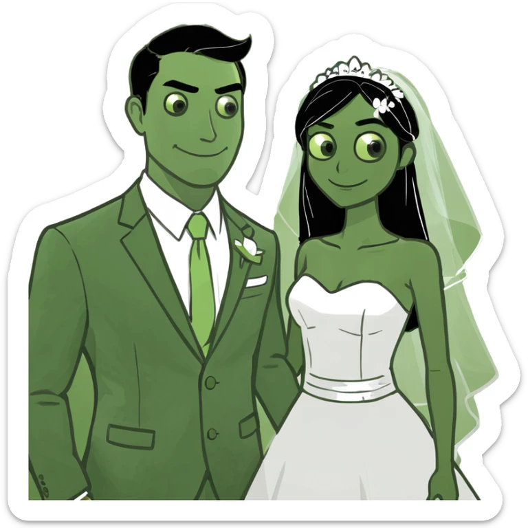 A Blonde girl with light brown skin in wedding dress with  a white man next too her with a suit on sticker