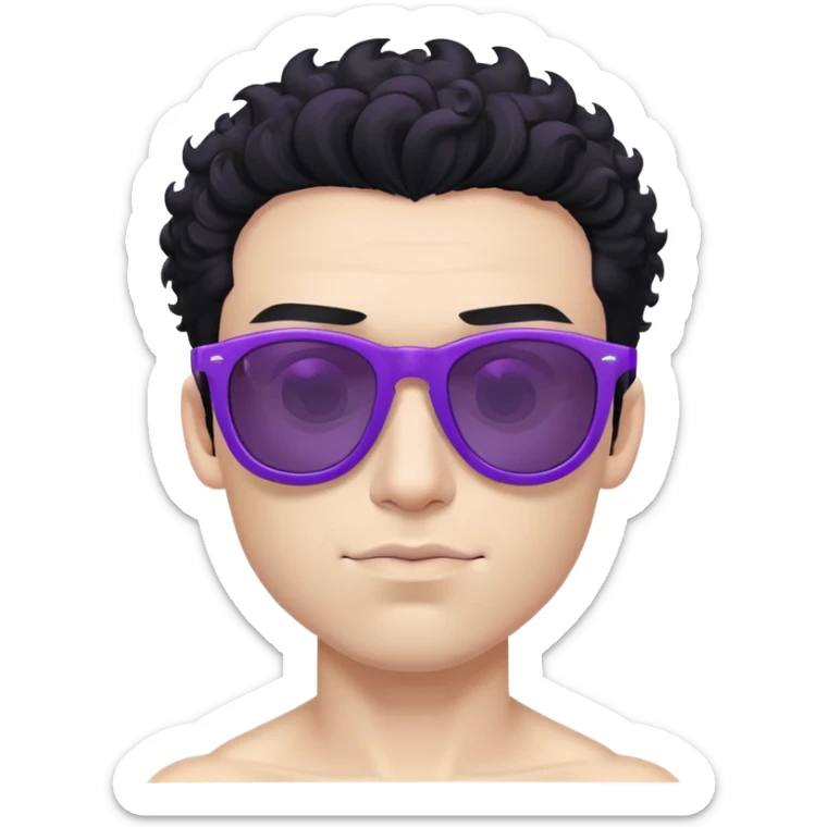 shirtless male athlete with white skin and moderately curly black hair on top with shaved sides, wearing purple sunglasses with black tinted lenses sticker