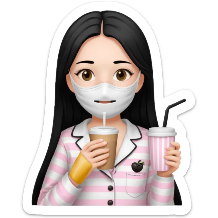 chica de pelo lacio color negro cabellera larga piyama blanca con rayas rosa claras peo no tan claras no oscuras el bordado es negro al igual que los botones )tiene una mascarilla para la carablanca y sostiene y cafe con bolitas nedras al dondo con unsorbete tranparente y es de test blanca  sticker