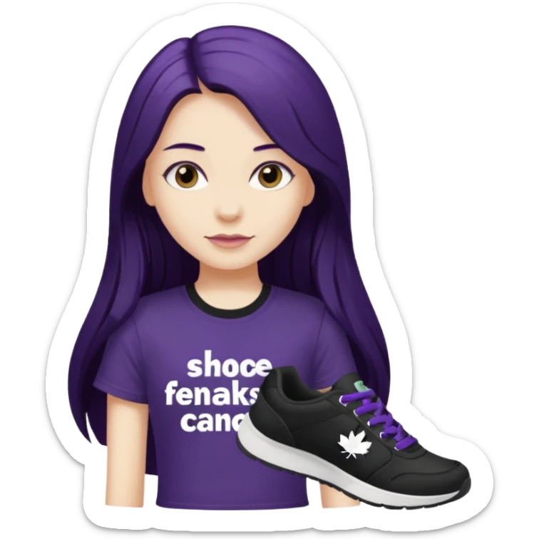 Girl with dark purple long hair black tshirt "shoe freaks canada " in white letters sticker