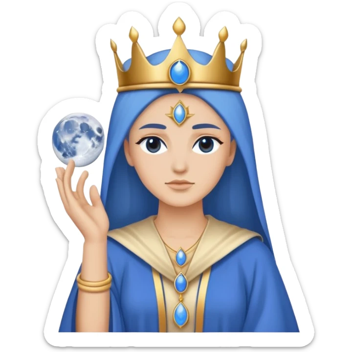 High Priestess tarot card with moon crown, blue robes, minimalist iPhone emoji style sticker