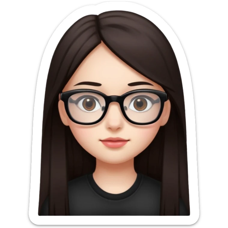 une ado, brune aux cheuveux tres fonces longs lisses blanche, ,lunettes carres noires, yeux bruns fonces joues rose sticker
