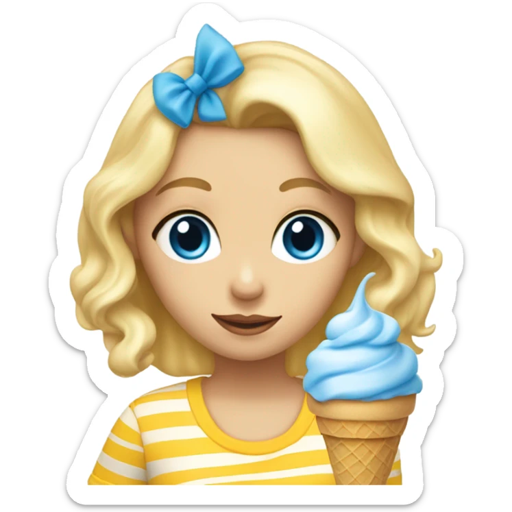 Girl with blonde hair, blue eyes, yellow striped shirt, holding vanilla ice cream cone sticker