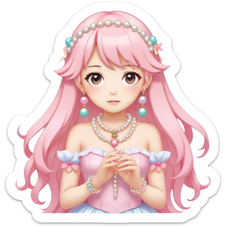 Gorgeous anime style-Ladies-Full body shot-Blush-Full accessories-House core-Fairy core-Kawaii anime-Colorful-Pearls-Romantic-Aesthetic pop style sticker
