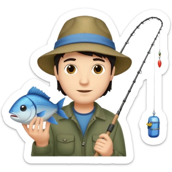GRANJERO PIEL CLARA Y PELO OSCURO  CON CAÑA DE PESCAR Y UN PESCADO EN LA CAÑA QUE SEA HOMBRE sticker