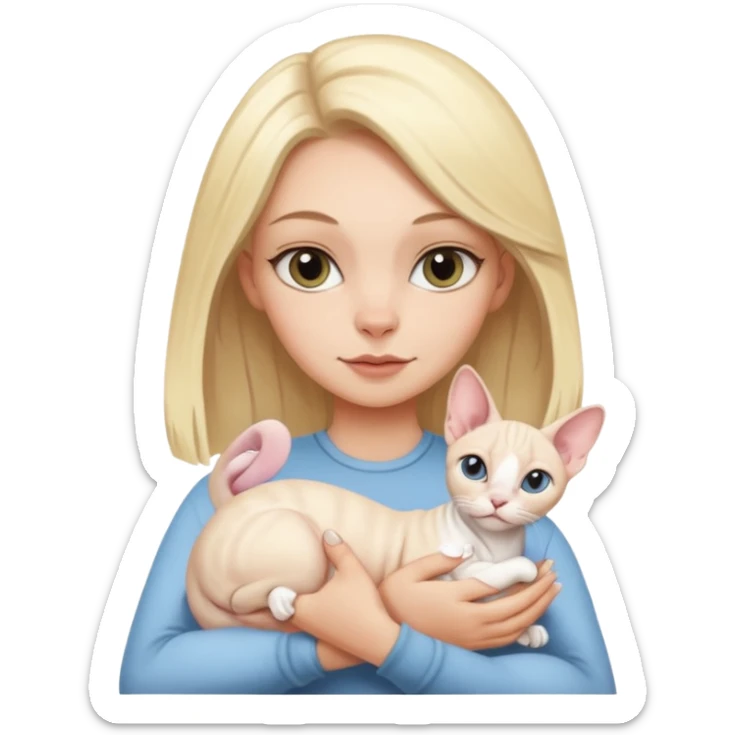 A white girl with blonde hair is holding a white Sphynx cat in her arms sticker