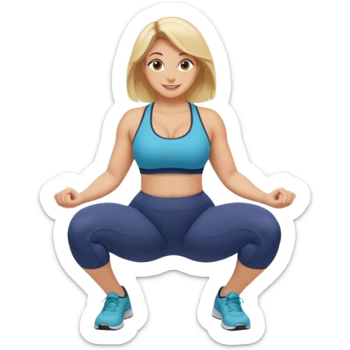 fullbody curvy blonde fitness trainer, back view, squatting on her feet, SFW, athletic, smiling, no explicit content sticker