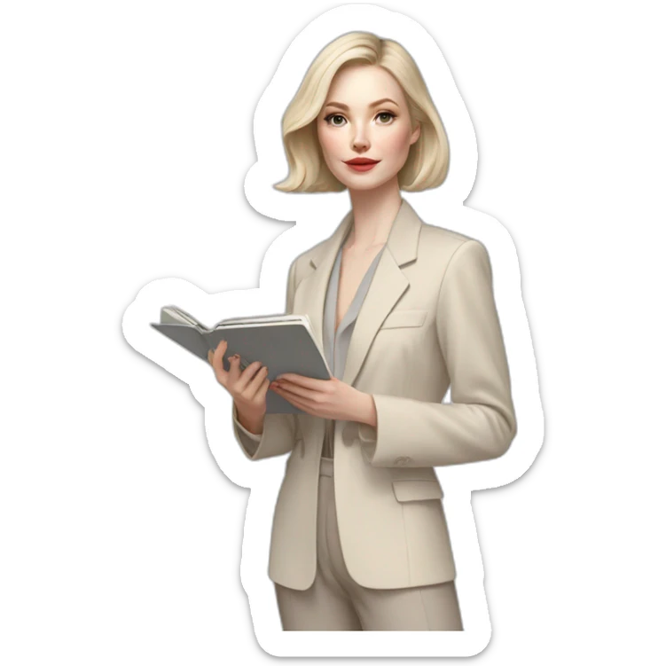 pale skin woman with ash blonde Straightened bob Hair, White Spacious classical jacket, beige palazzo Arrow pants and gray blouse holding RAL colour palette in the hands sticker