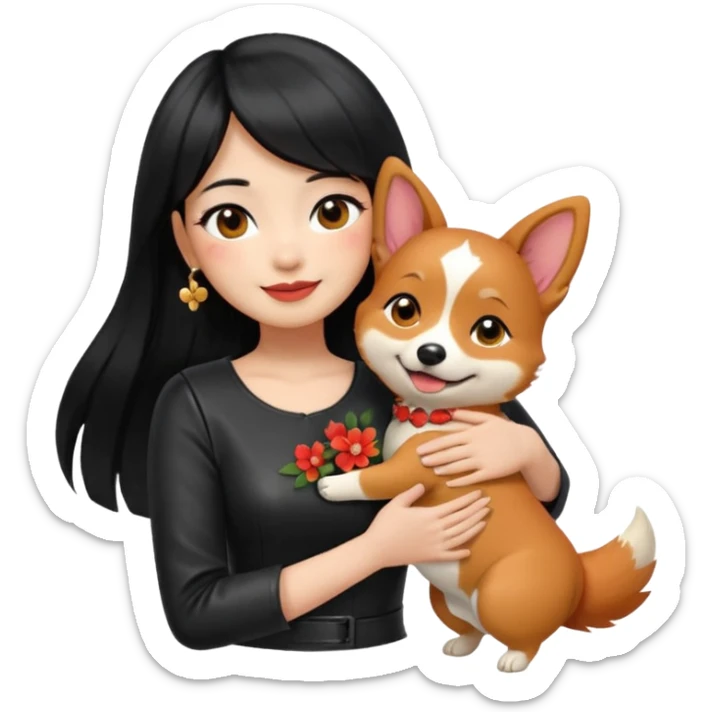 apple-style emoji of an Asian girl with long hair and wispy bangs, black leather dress, gold earrings, subtle false lashes, and a 3/4 sleeve tattoo with flowers on her left arm, hugging a cheerful red head tri-color corgi, simplified, emoji-like sticker
