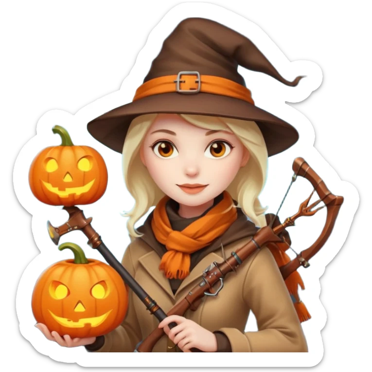 female human monster hunter emoji, wearing brown coat and hat, holding crossbow, soft smile, scarf, glowing pumpkin by her side, Halloween fantasy style, clean vector Apple emoji look, bright colors, white background, square sticker