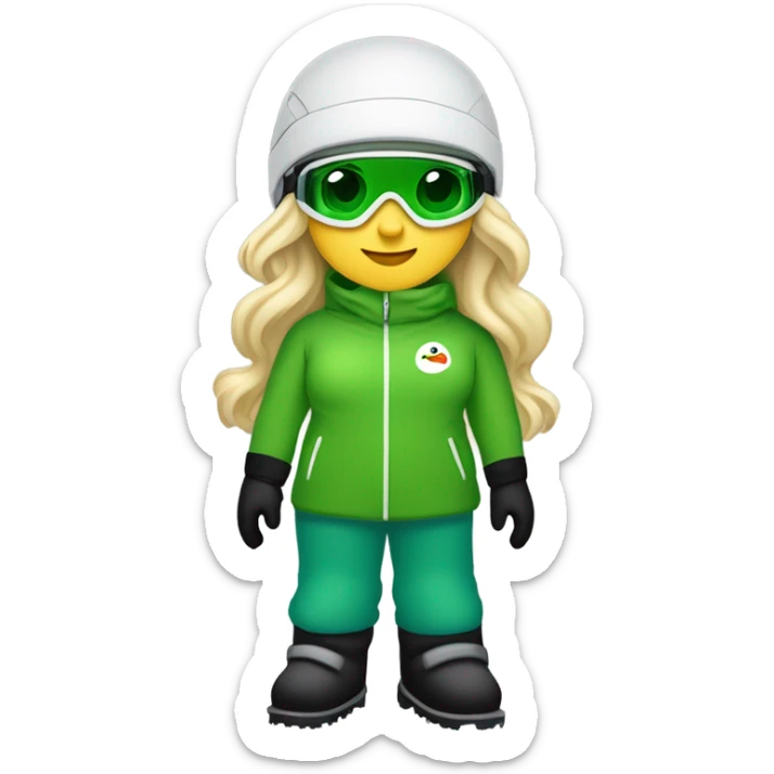 Green-eyed, fat female skier with medium-length straight blonde hair not plaited, snow goggles on helmet, white ski helmet, gray snow jacket, green ski gloves, long black pants rolled up at the bottom, black only snow boots standing tall. sticker