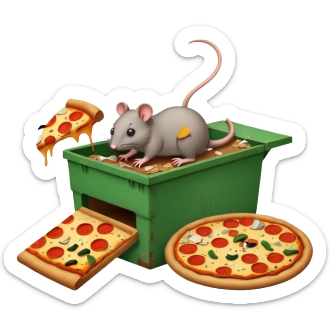 emoji-style icon of a pizza restaurant with a pizza sign, a big rat dragging trash out of an overflowing dumpster, garbage and food scraps scattered, dirty and gross, clear at small size, no text sticker
