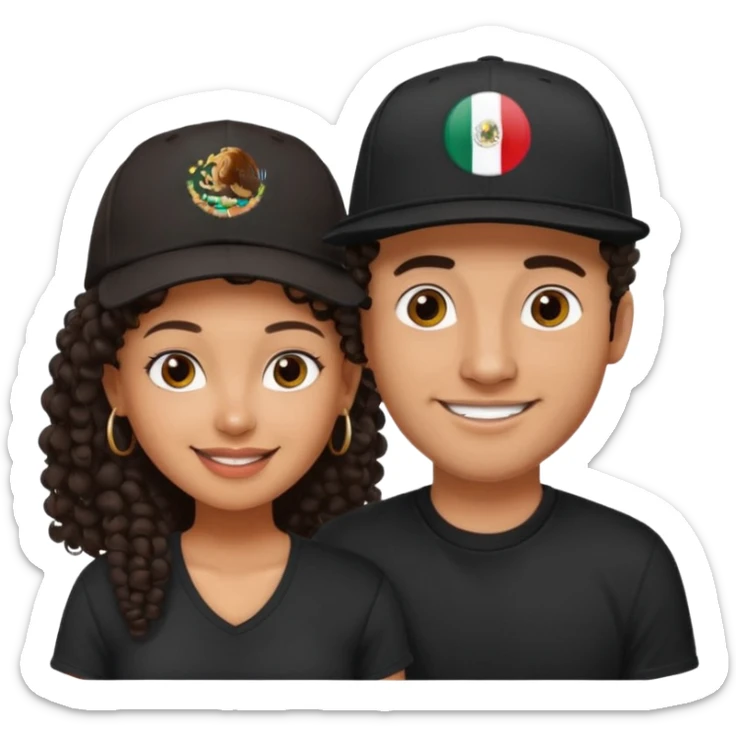 A picture of a cute tanned couple. the man is Mexican, with a bald hair cut wearing a SnapBack hat and a black shirt. the woman is mixed, she has curly longer dark brown hair, thicker and with big boobs  sticker