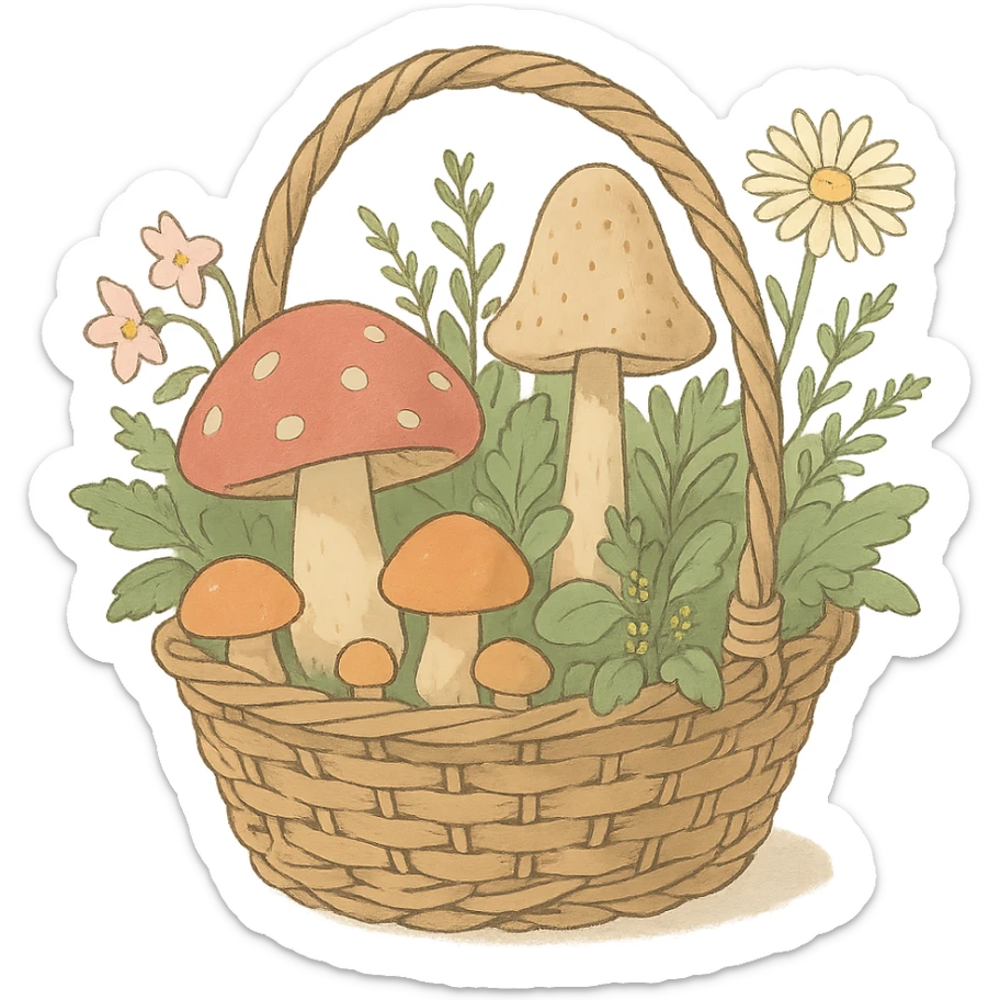 basket full of forest goodies with mushrooms, herbs, flowers in soft pastel colors, soft Ghibli style sticker