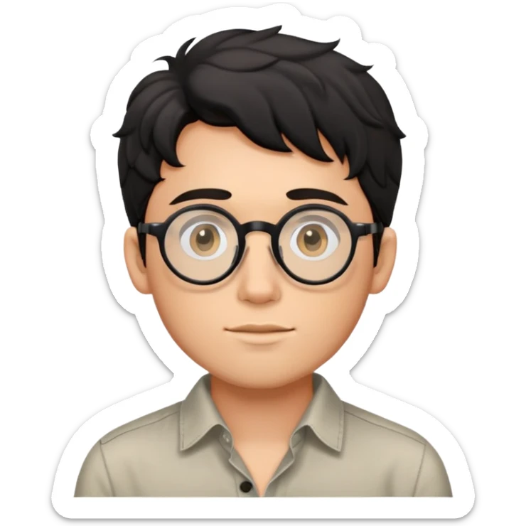 Torso view of young man with black wavy hair, round glasses, casual buttoned shirt, no tie sticker