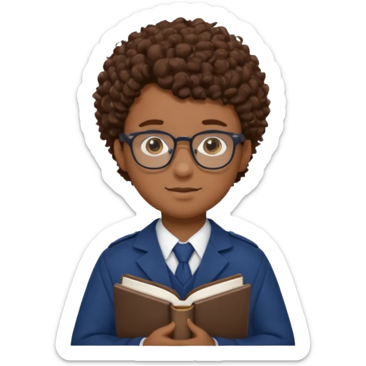 Boy student wearing uniform, glasses, hold book in front of their chest, brown curly hair, dark skin sticker