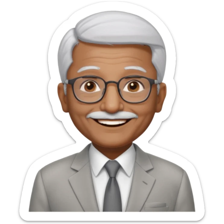 70 yr old indian man, short straight white hair brushed foreward , light grey business suit, big smile, dark brown skin, no moustache, dark brown eyes, glasses
 sticker