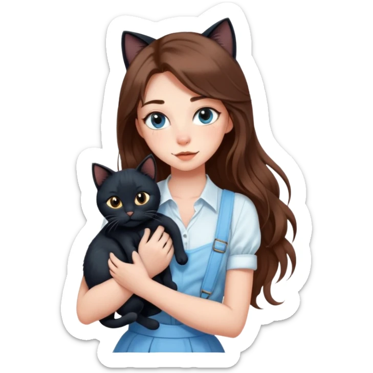 A sexy girl with long hair wearing a light blue suspender skirt hugs a black cat tightly sticker