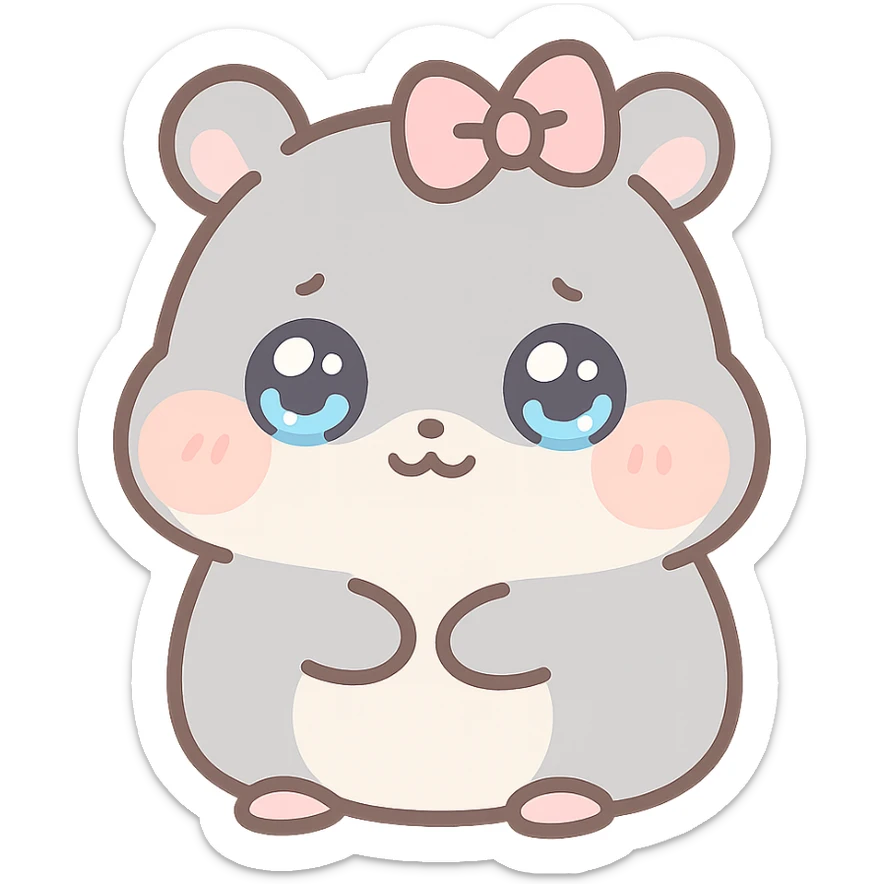 a small, round gray hamster with watery eyes and a pink ribbon on its head, kawaii style sticker