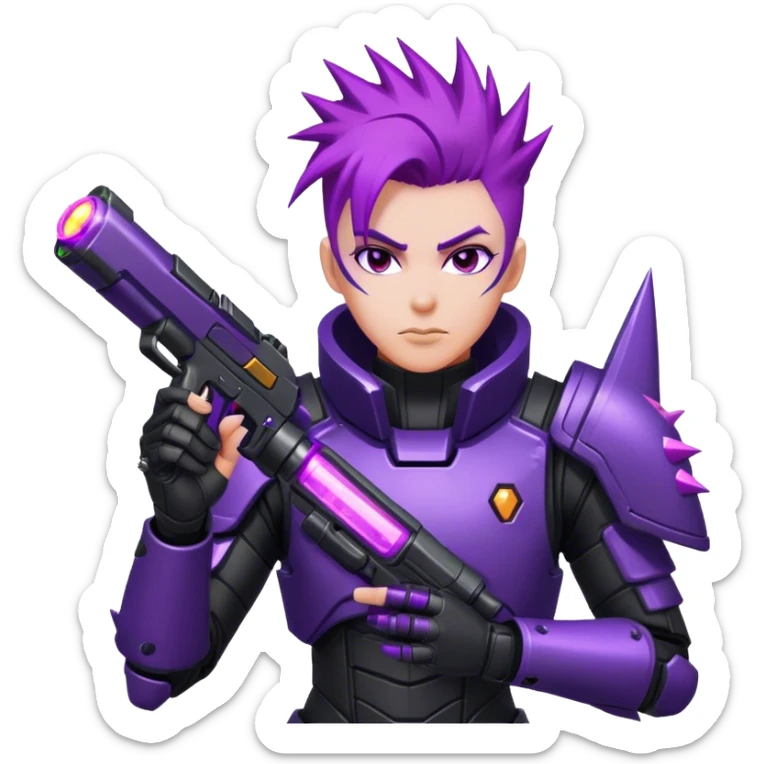 A space bounty hunter with spiky purple hair, black armored suit, and a glowing plasma gun. sticker