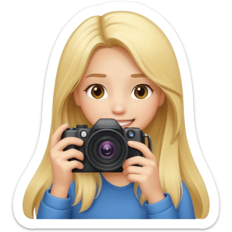 blonde girl photographer cartoon taking picture in middle of taking picture camera in front of face long hair smiling funny flash professional camer sticker