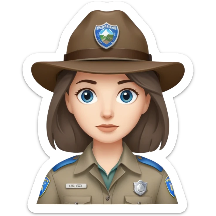 white woman park ranger with gray and brown hair, blue eyes sticker