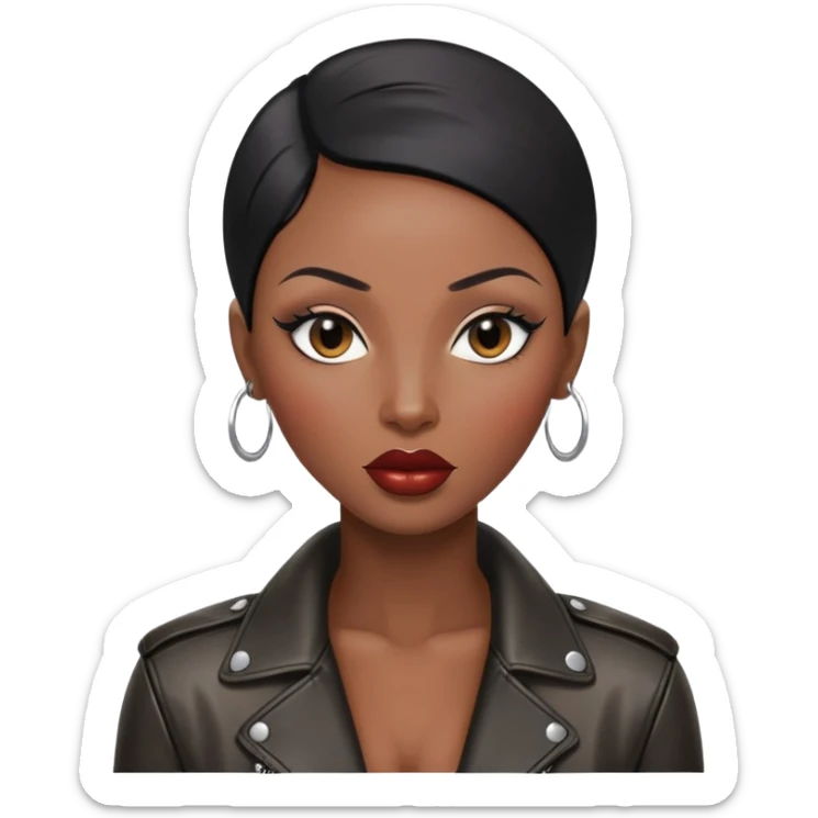 Gorgeous woman shiny black hair no eyebrows leather jacket Alluring black woman wide nose bald head big glossy lips sticker