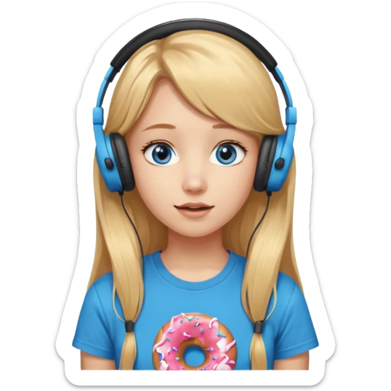 una ragazza dall‘ età di 19 anni con capelli biondi miele lunghi ,  occhi celesti,  con addosso una maglietta con una ciambella e le cuffie ascoltando violetta sticker